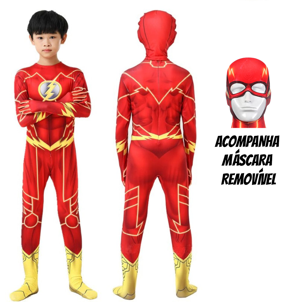 Fantasia Flash Com Máscara Desenho Liga da Justiça Cosplay Infantil Traje Crianças