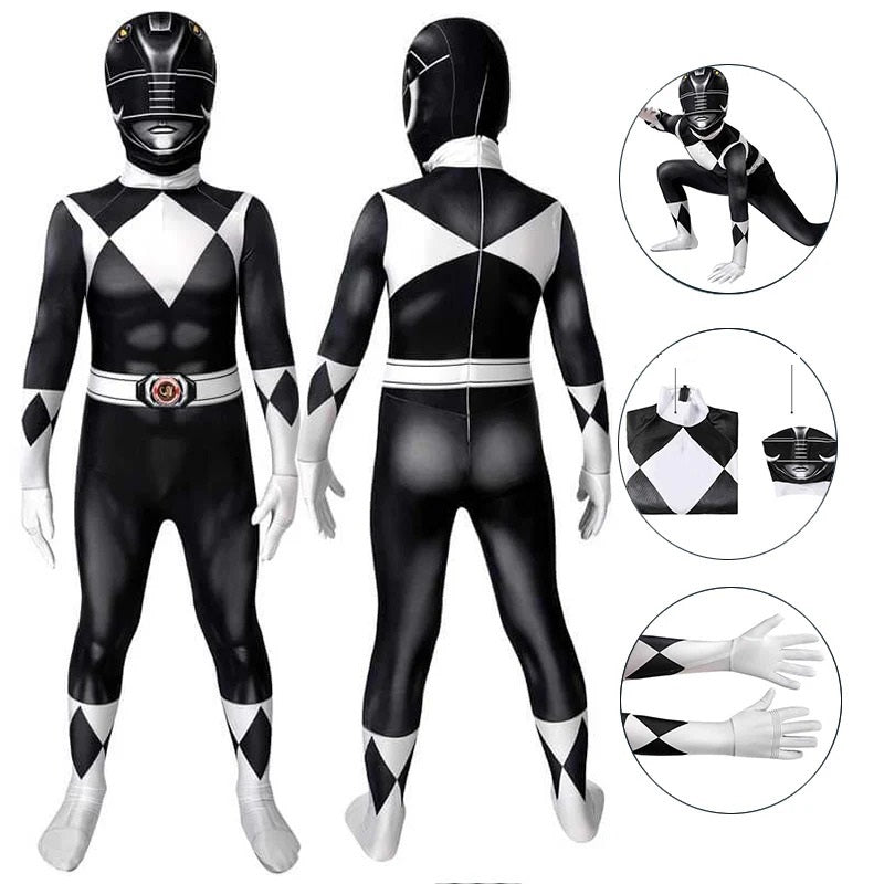 Fantasia Infantil Power Rangers Preto Clássico Cosplay Traje Crianças